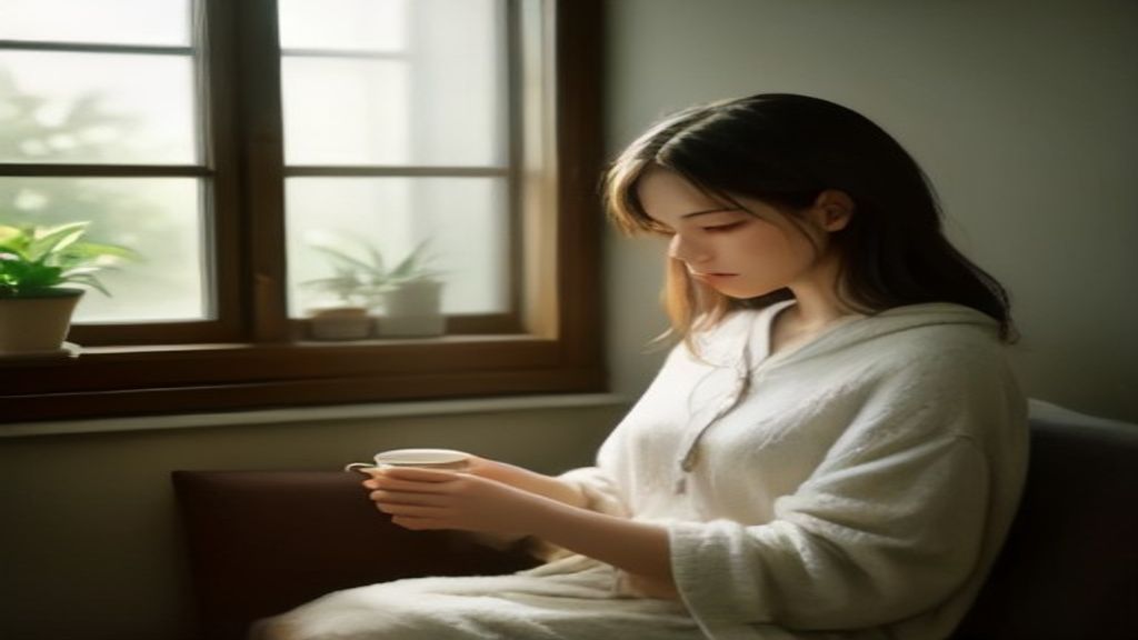 A person sitting peacefully on a sofa at golden hour holding a warm cup of tea, soft blanket, plants on the windowsill, cozy lamp-lit apartment
