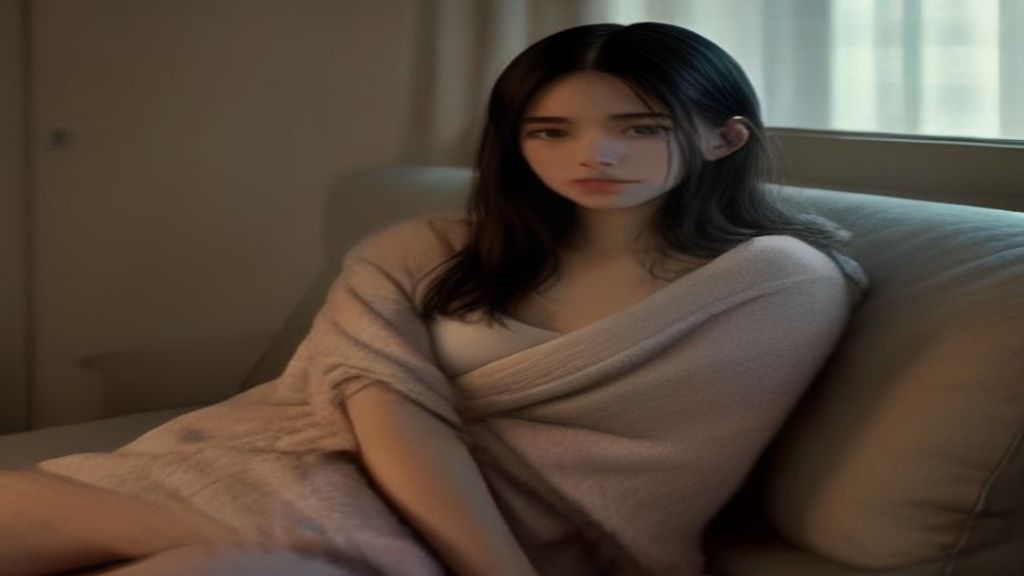 A young person wrapped in a soft blanket sitting alone on a couch at warm dusk, a quiet wistful expression, tender and calm mood