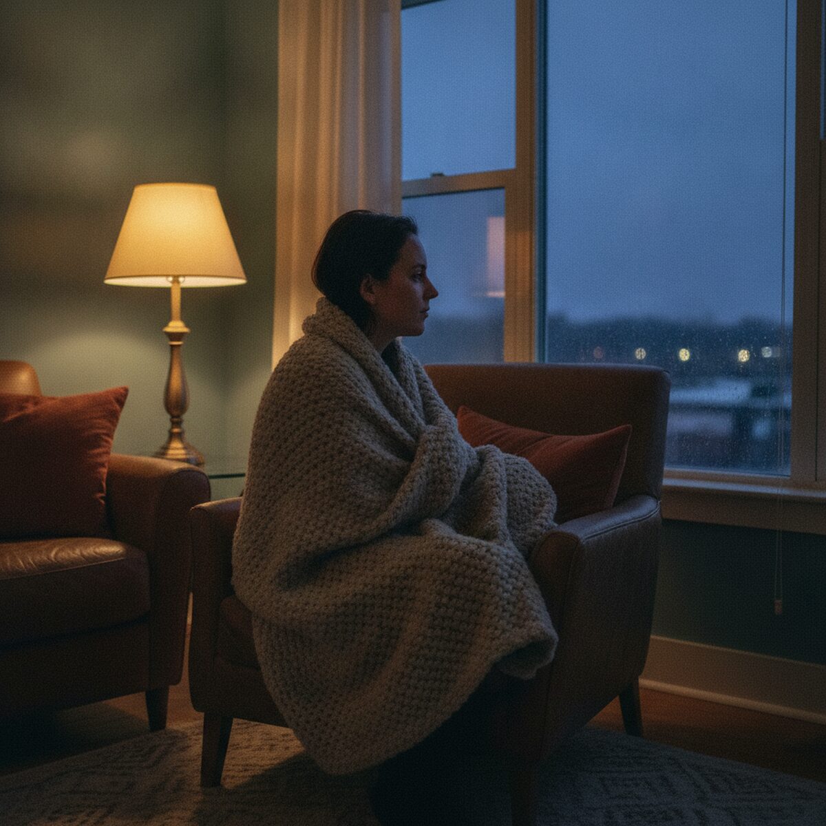 A person sitting alone by a large window at dusk wrapped in a soft blanket, looking out thoughtfully with warm lamp light behind them, a quiet cozy room, calm reflective evening