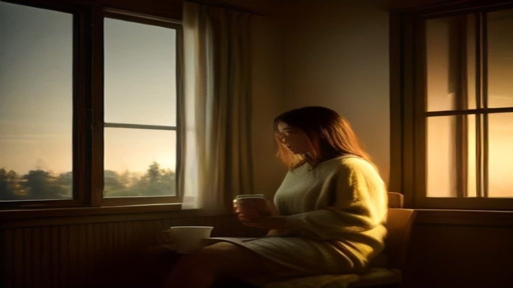 A person sitting quietly by a large window at dusk holding a warm cup of tea, soft golden light filling a cozy room