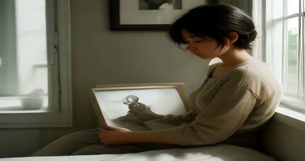 A woman in soft morning light sitting on the edge of a bed in her grown child's quiet, empty room, holding a framed photo, gentle and reflective