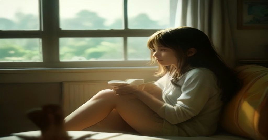 A young mother sitting on the floor of a sunlit living room beside scattered toys, holding a warm mug and looking quietly out the window, soft and a little wistful