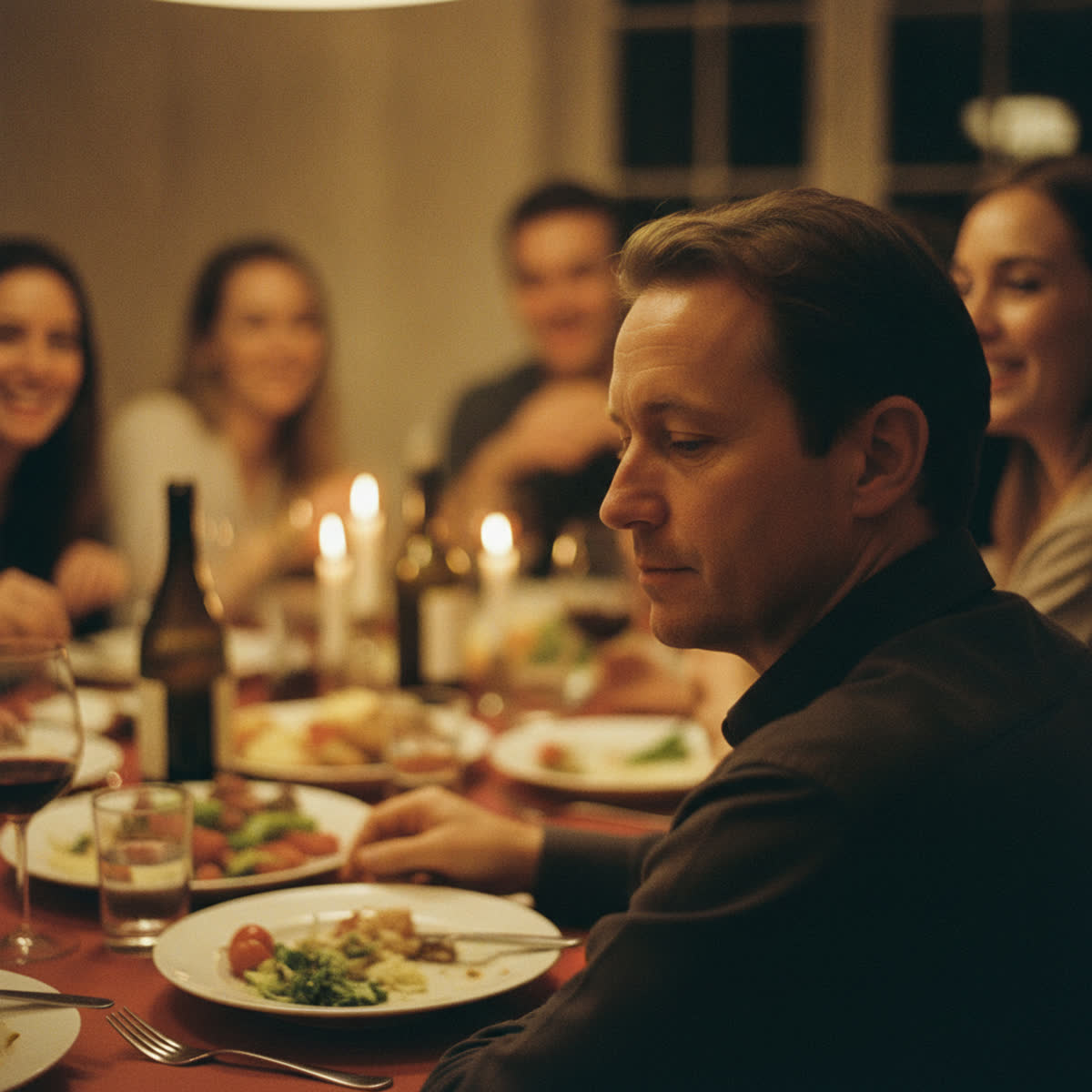 A person sitting quietly at a warm, lively dinner table full of friends, gazing softly to the side, lost in their own thoughts