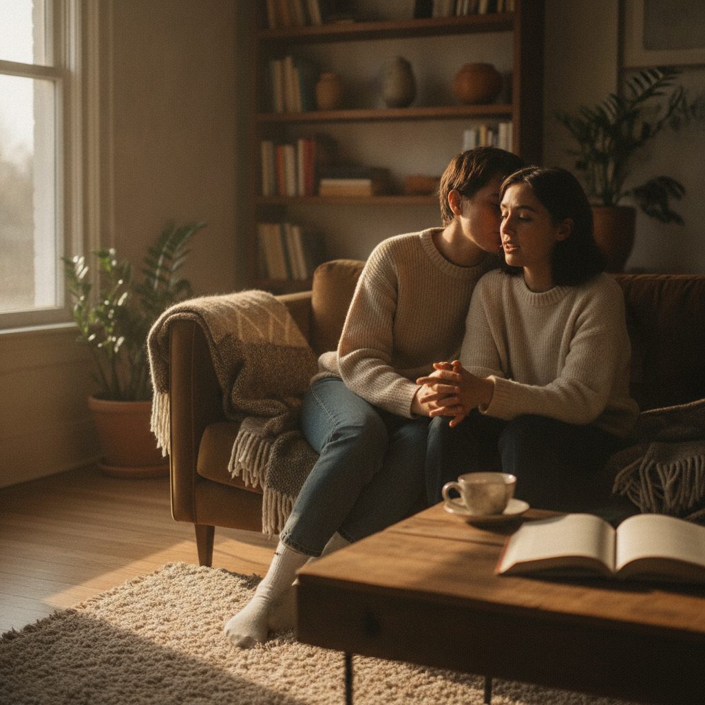 Two people sitting close together on a sofa in warm evening light, one gently listening to the other