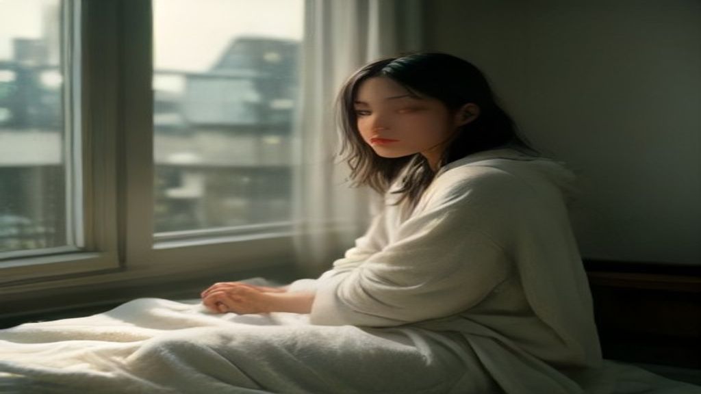 A person sitting on the floor against a bed at dusk wrapped in a soft blanket, taking a slow breath by a window with warm lamp light, settling after a hard moment, peaceful cozy room