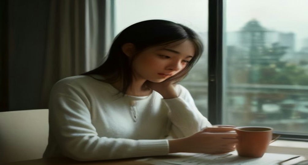A person sitting alone at a home desk by a large window in soft afternoon light, holding a warm mug of tea, quiet and a little wistful