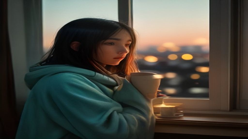 A young adult wrapped in a soft blanket by a warm-lit window at dusk, holding a mug and looking out at distant city lights, calm and quietly nostalgic