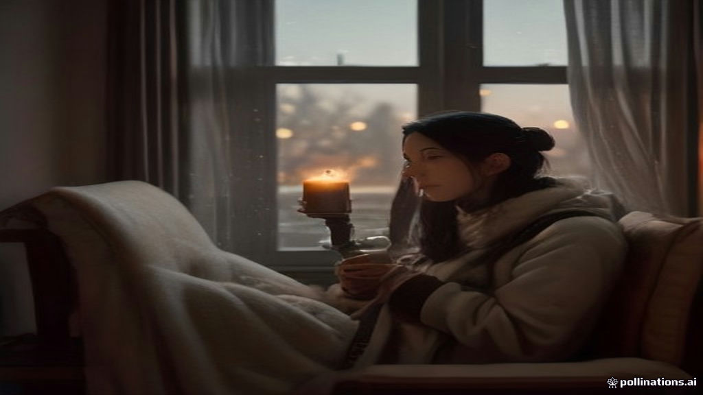 A person sitting alone by a softly lit window during the winter holidays, holding a warm mug, string lights glowing and snow falling gently outside, calm and quietly wistful