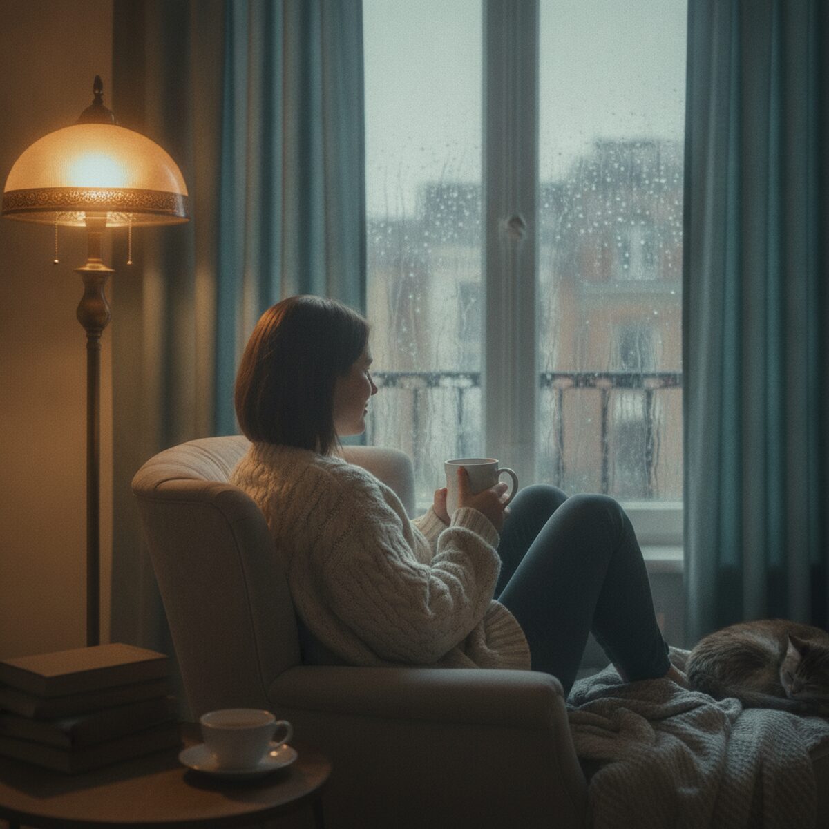 A person in a soft knitted sweater curled up on a couch with a warm mug by a rain-flecked window at dusk, calm and reflective, gentle lamplight