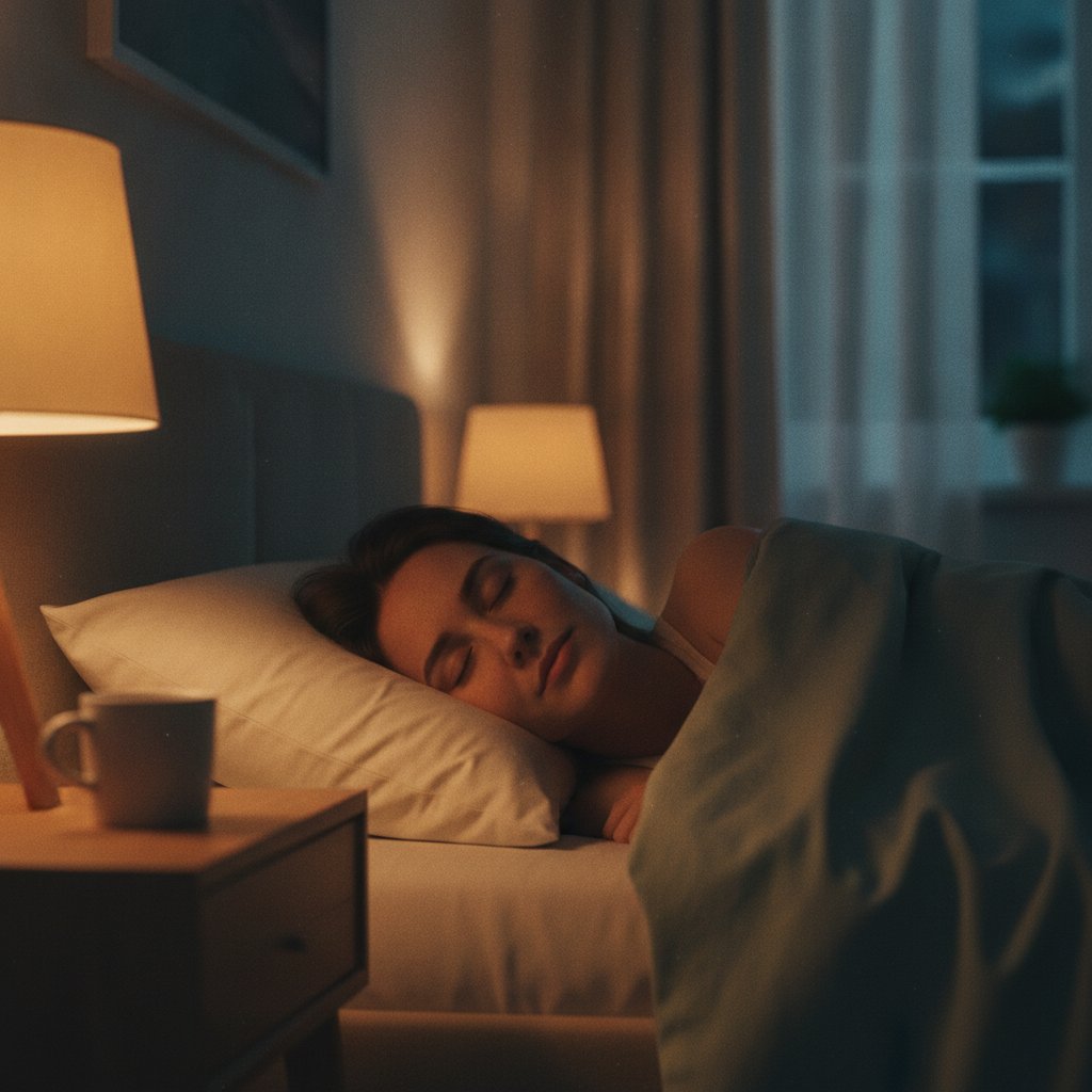 A person resting peacefully in a softly lit bedroom at night, eyes gently closed, warm lamp glowing beside the bed