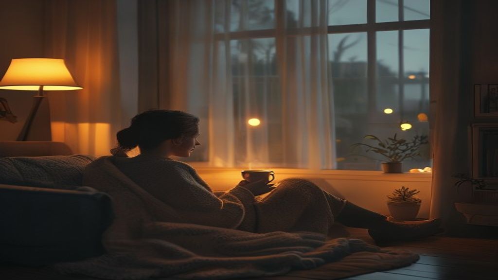 A person sitting alone by a window at dusk wrapped in a warm blanket holding a mug of tea, soft golden lamplight, calm and quietly hopeful