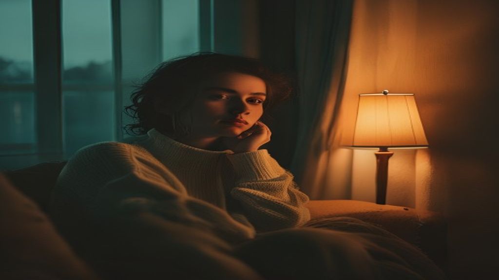 A person sitting quietly on a sofa by a softly lit window in the late evening, resting their chin on their hand, looking thoughtful, warm amber lamplight, calm and reflective