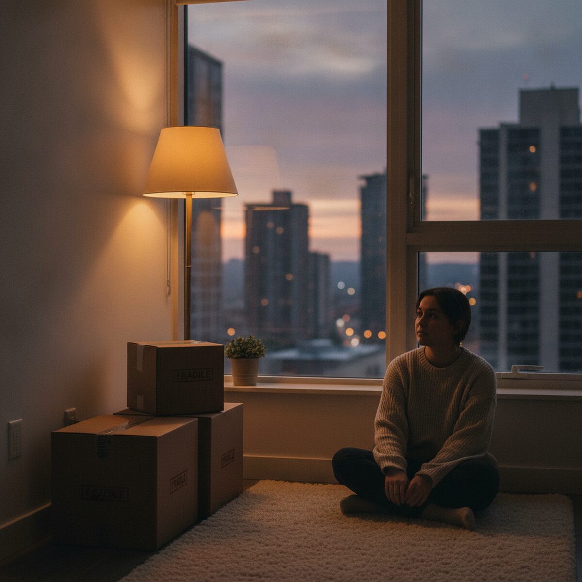 A young person sitting by a large window in a new apartment with a few unopened moving boxes nearby, warm lamplight, an unfamiliar city glowing softly at dusk outside, calm and quietly hopeful
