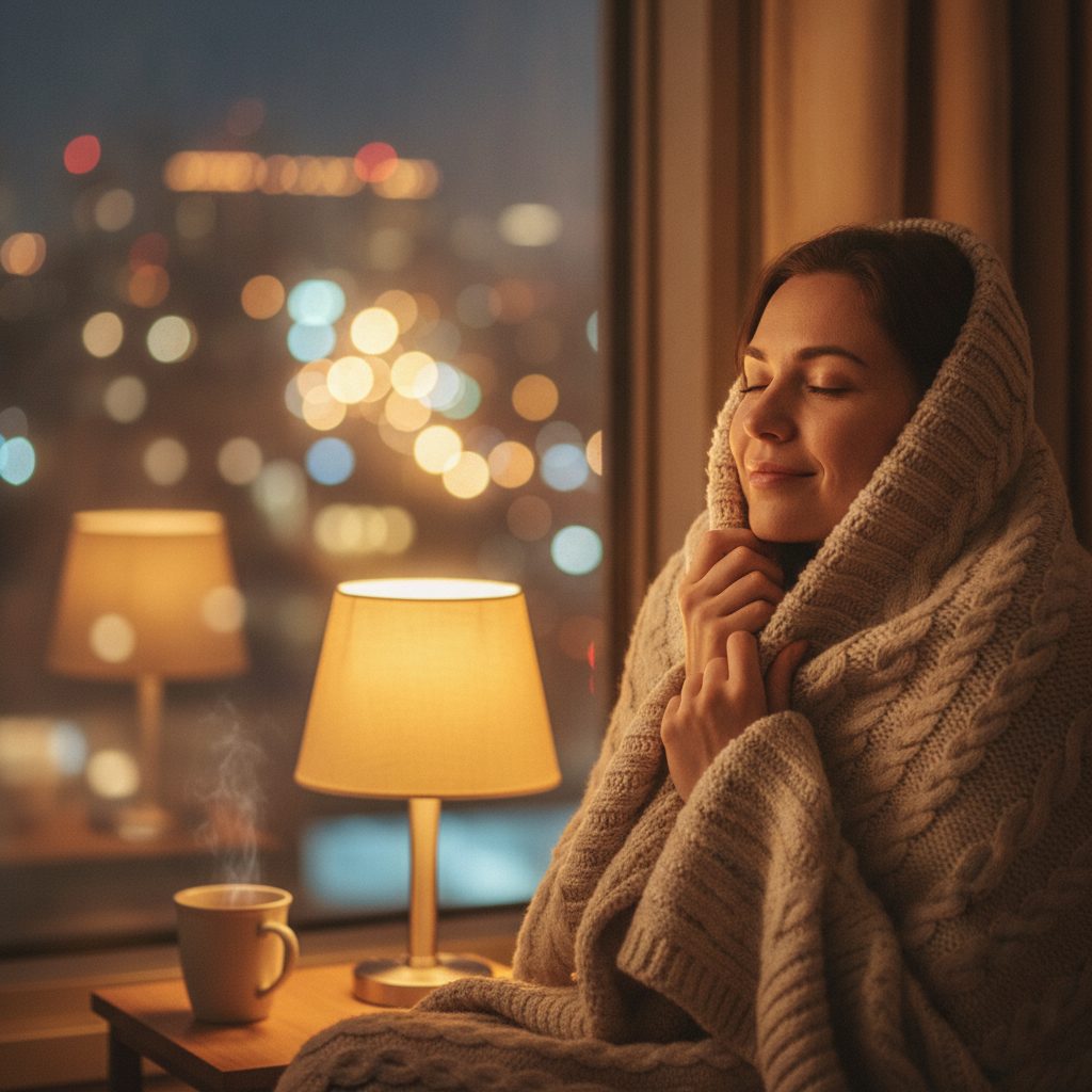 A calm person sitting by a window at night, wrapped in a blanket with a warm lamp glowing beside them