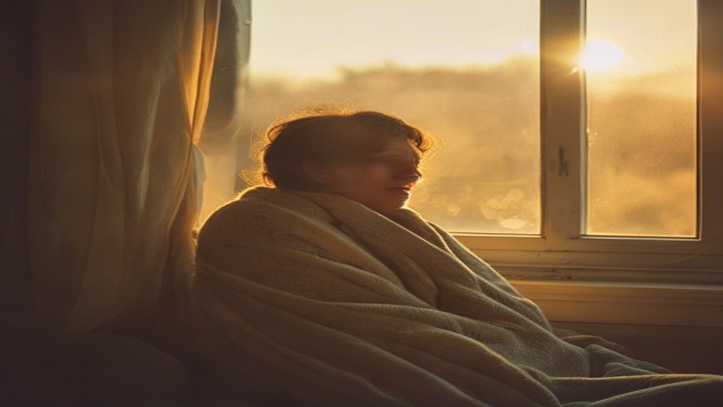 A person sitting quietly by a large window at golden hour wrapped in a warm blanket, calm and thoughtful, soft natural light, peaceful cozy room