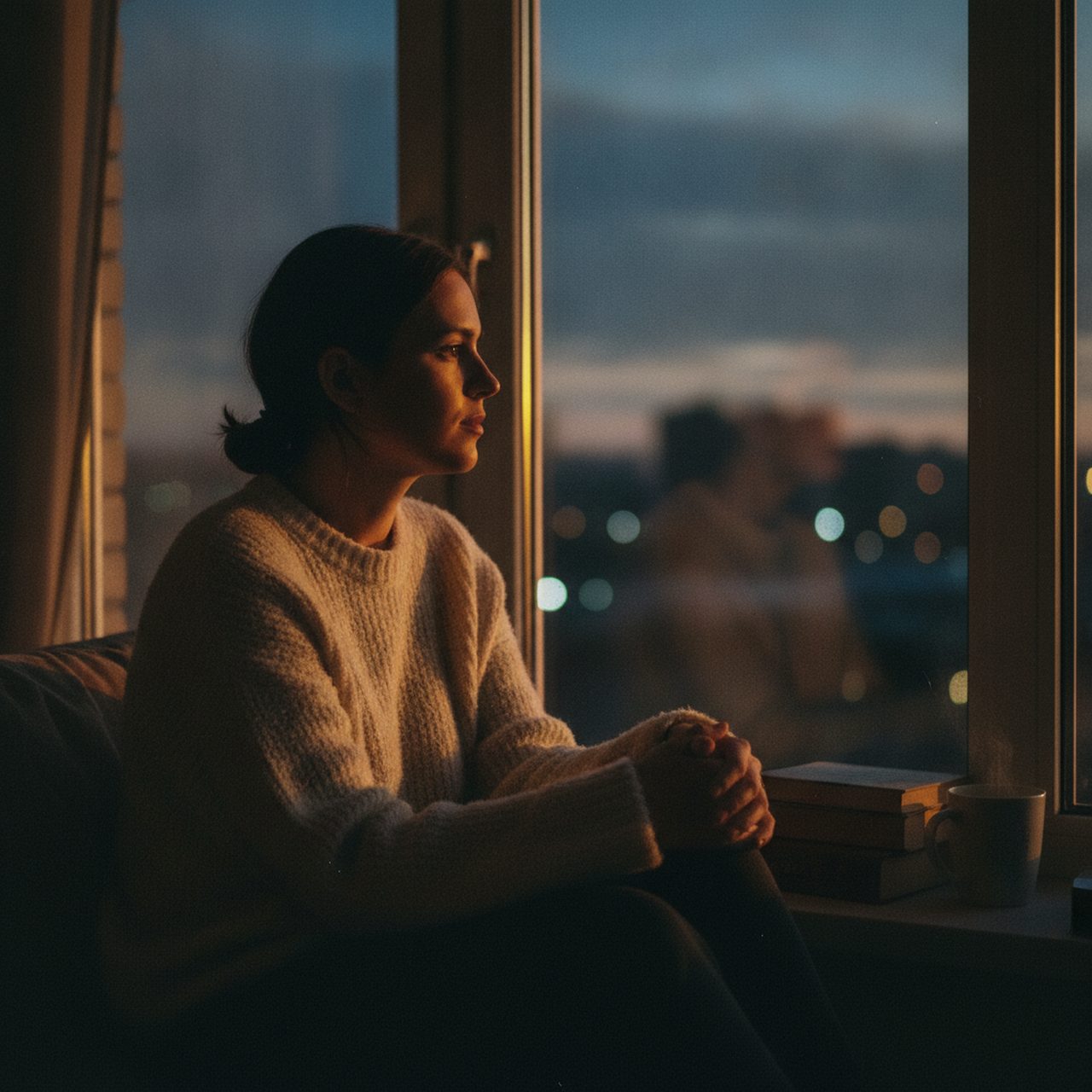 A person sitting quietly by a window at dusk, soft golden light on their face, calm and thoughtful, finding a gentle moment of peace