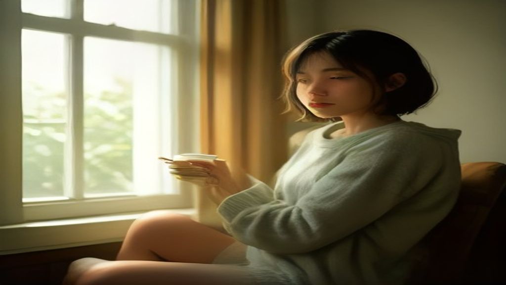 A person sitting quietly by a large sunlit window on a calm weekend morning, holding a warm cup of tea, soft natural light, peaceful and gently wistful