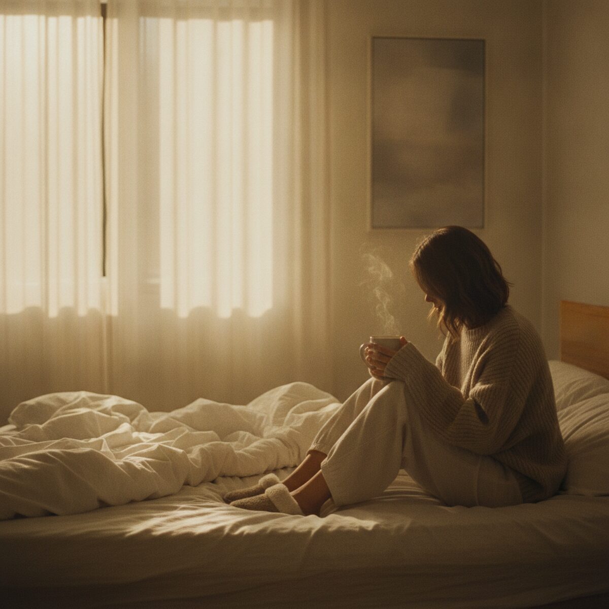 Soft warm morning light through sheer curtains onto an unmade bed, a person in cozy clothes sitting on the edge holding a warm mug, calm and reflective, gentle golden tones