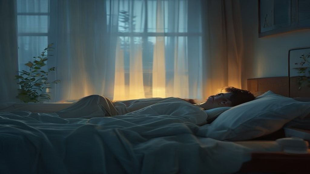 A person resting in bed in the early morning, soft pre-dawn blue light coming through a window, calm and peaceful bedroom, quiet and serene